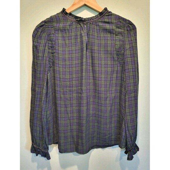 LOFT Tops - New Blue Green Plaid Lightweight Long Puff Sleeve Relaxed Fit Top Sz L
